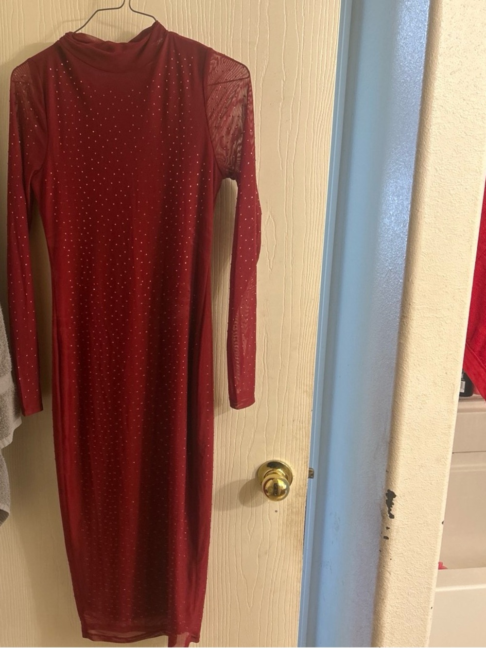 G by Guess Burgundy Long-Sleeve Rhinestone Sheer-Panel Bodycon Dress